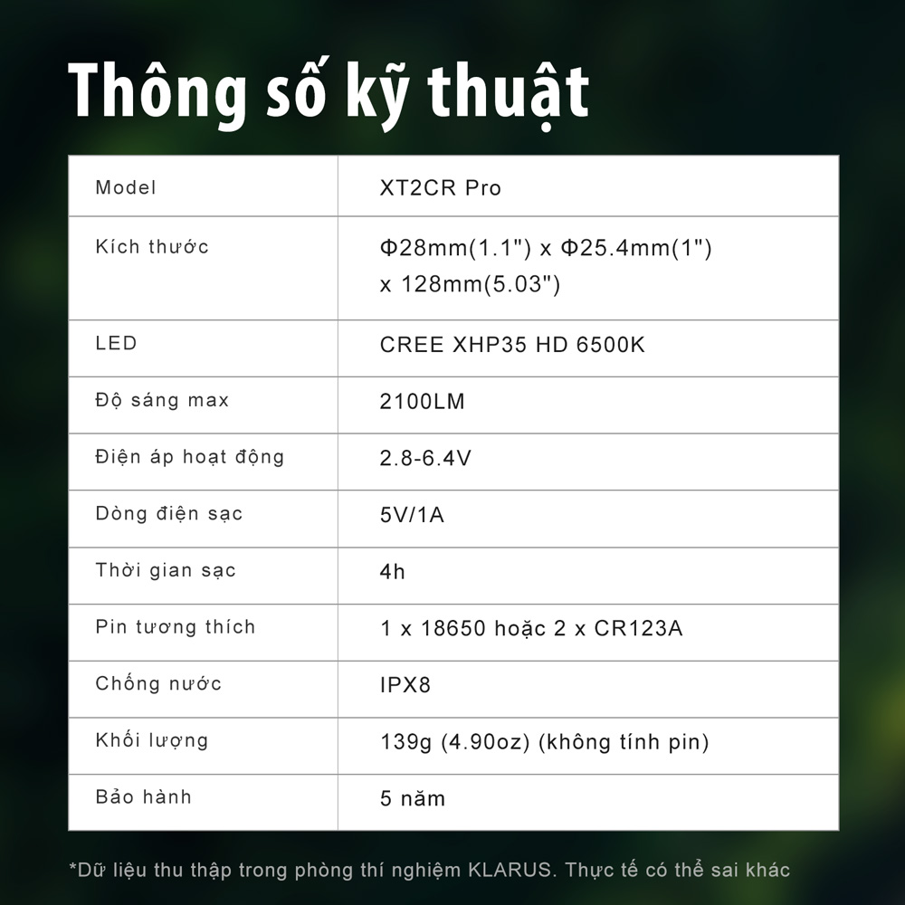 bảng thông số kỹ thuật của klarus xt2cr pro