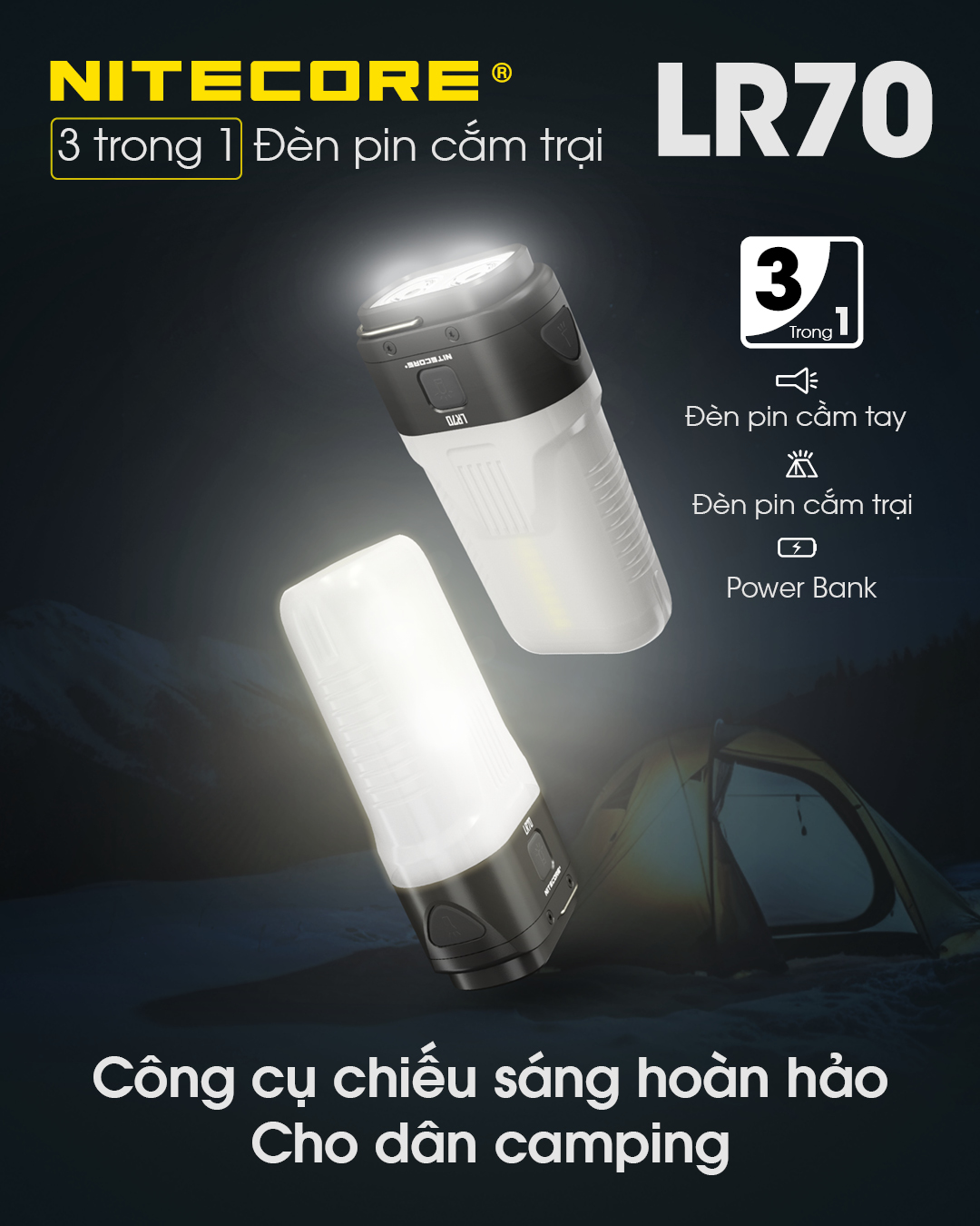 Đèn pin cắm trại NITECORE LR70 sáng 3.000 lumen chiếu xa 300m pin dung lượng 10000mAh USB-C powerbank