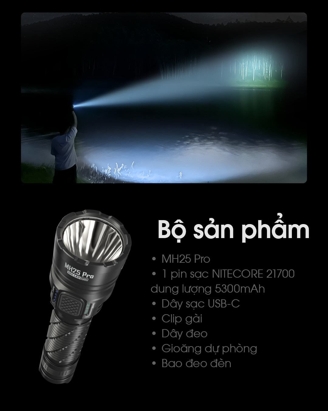 Đèn pin chiếu xa NITECORE MH25 PRO sáng 3.300 lumens chiếu xa 705m pin sạc 21700 5300mAh USB-C