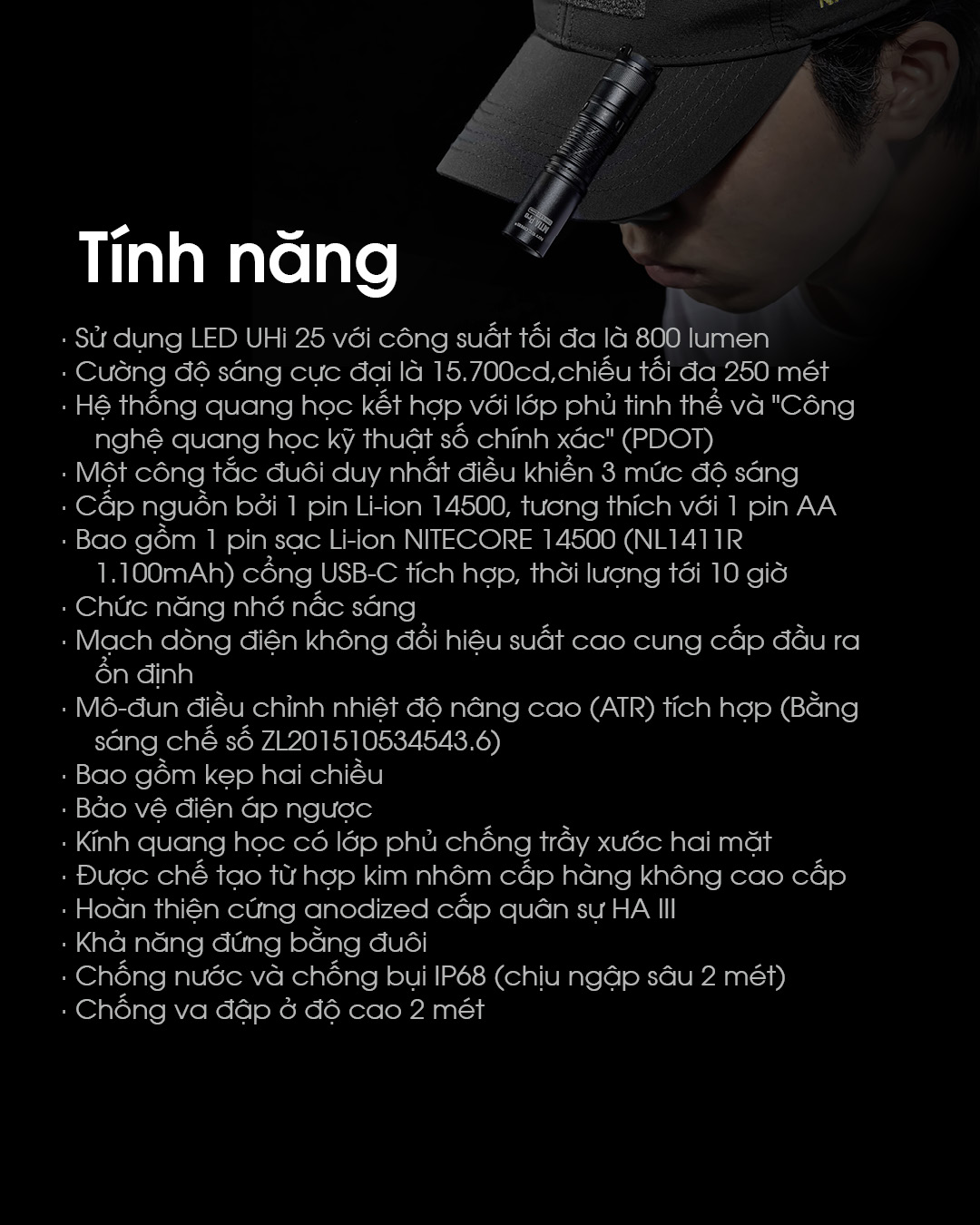 Đèn pin mini NITECORE MT1A Pro sáng 800 lumens chiếu xa 250m pin sạc 14500 dung lượng 1100mAh