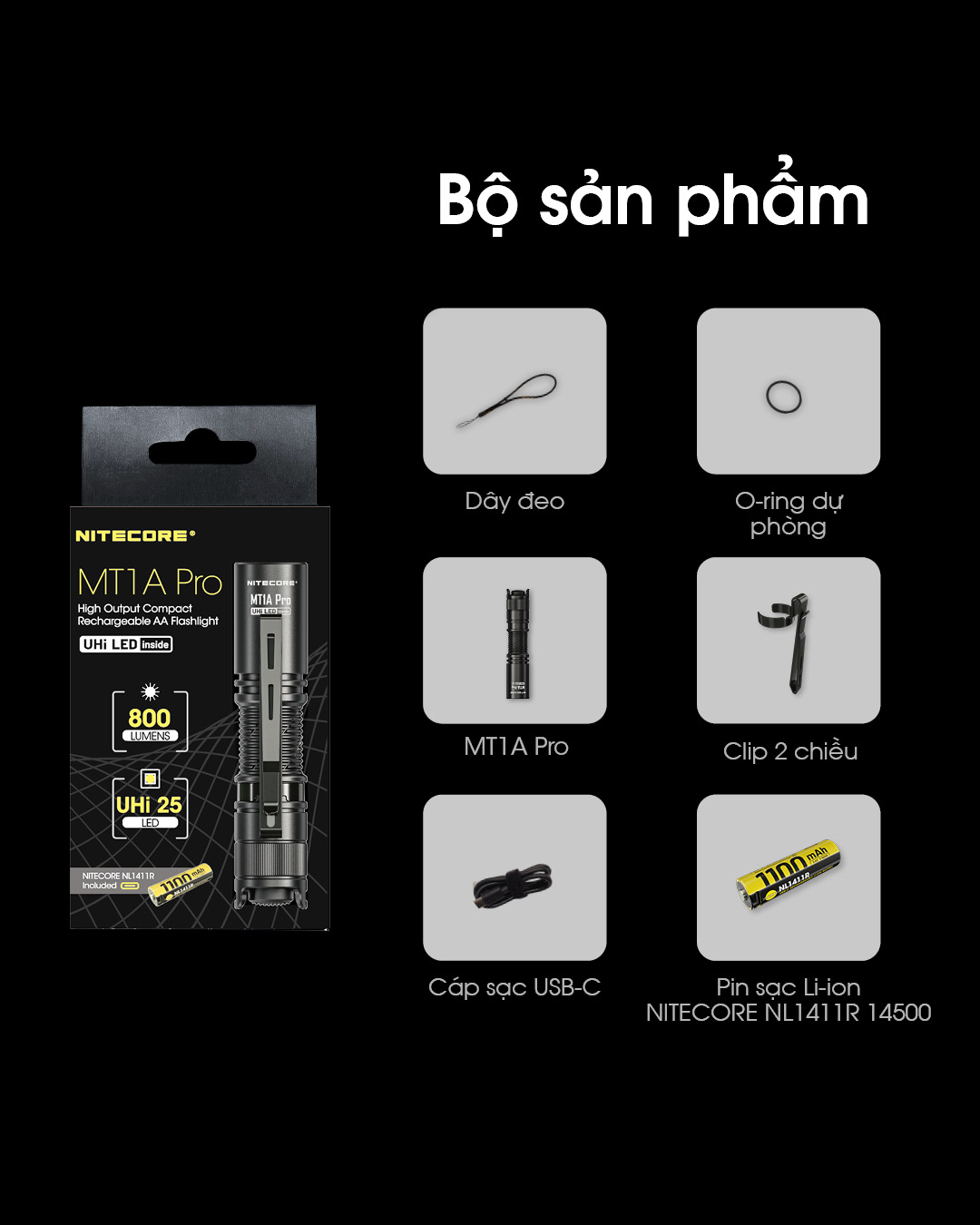 Đèn pin mini NITECORE MT1A Pro sáng 800 lumens chiếu xa 250m pin sạc 14500 dung lượng 1100mAh