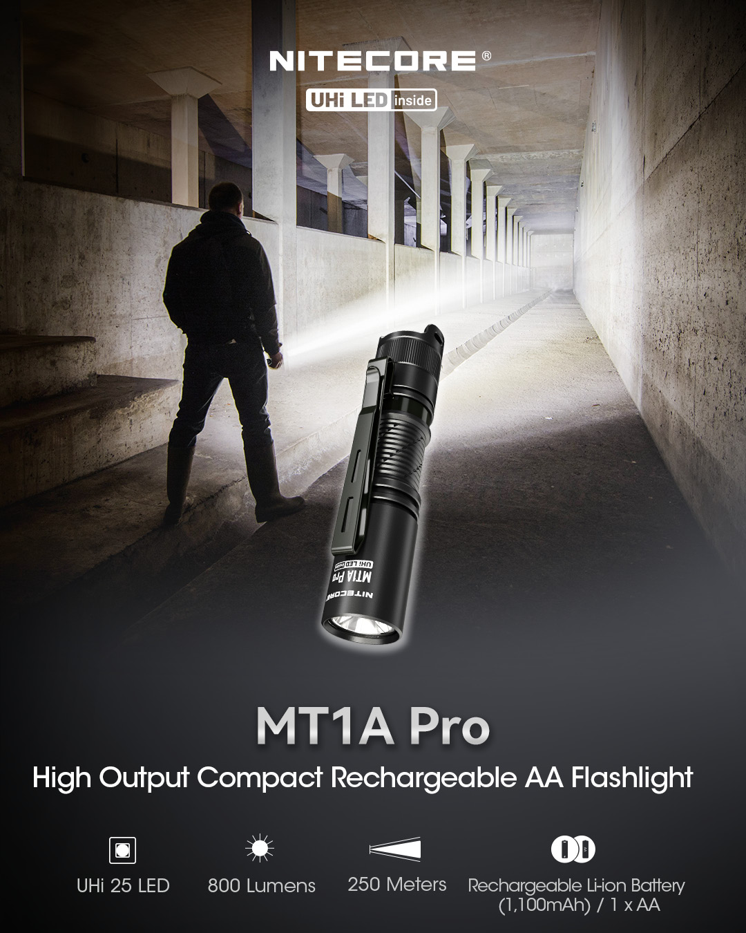 Đèn pin mini NITECORE MT1A Pro sáng 800 lumens chiếu xa 250m pin sạc 14500 dung lượng 1100mAh