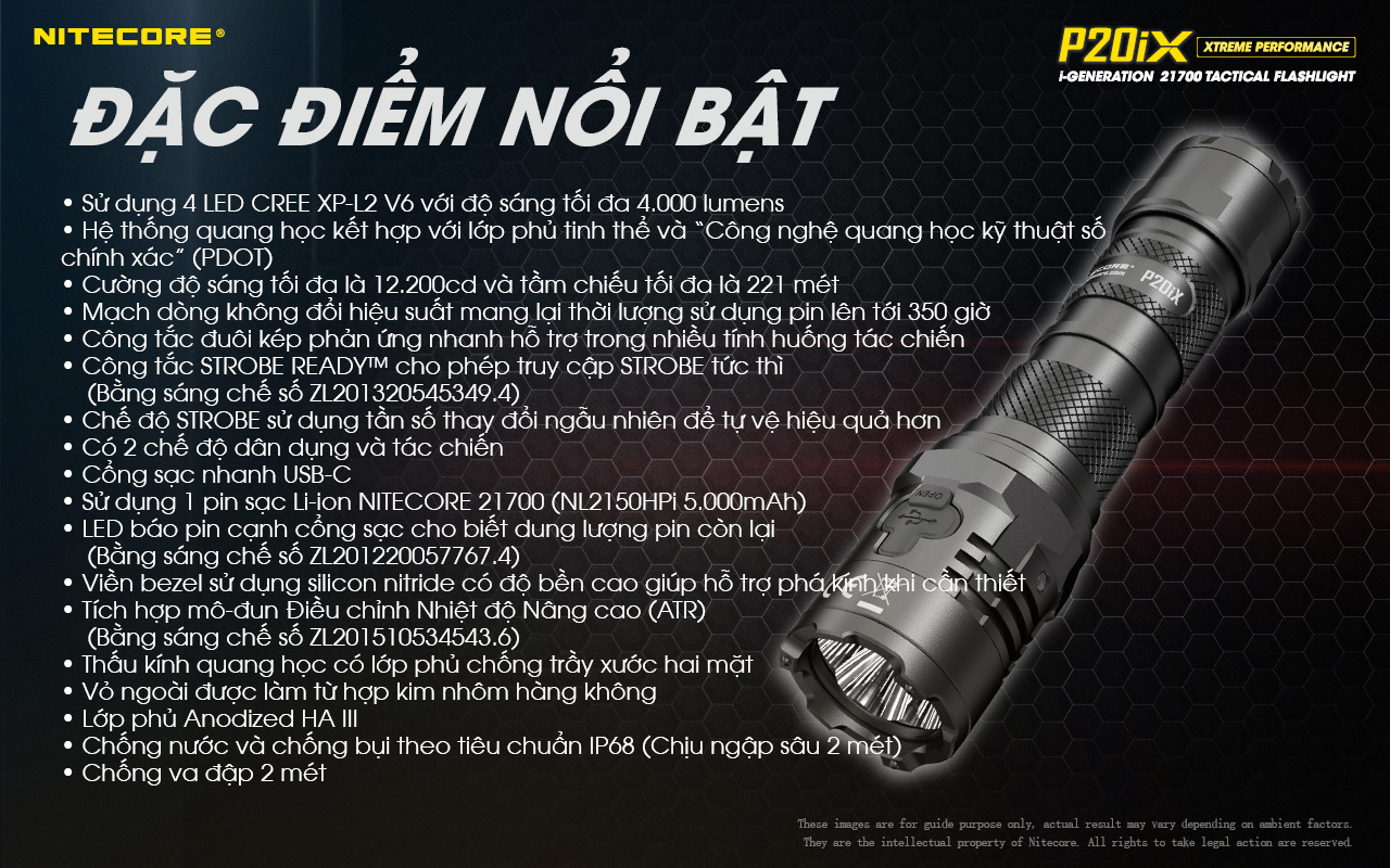 Đèn pin tác chiến NITECORE P20iX sáng 4.000 lm chiếu xa 221m pin sạc 21700i - 5000mAh trấu phá kính công tắc kép phản ứng nhanh