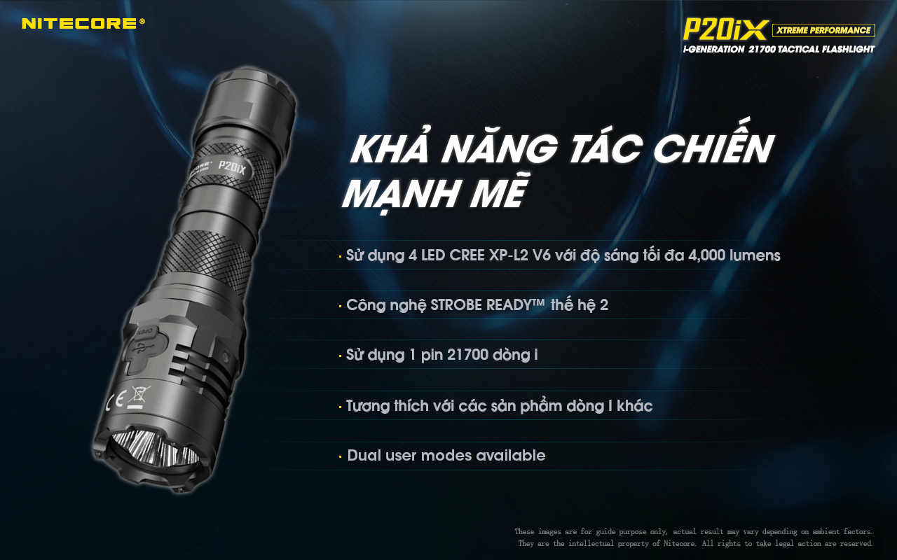 Đèn pin tác chiến NITECORE P20iX sáng 4.000 lm chiếu xa 221m pin sạc 21700i - 5000mAh trấu phá kính công tắc kép phản ứng nhanh