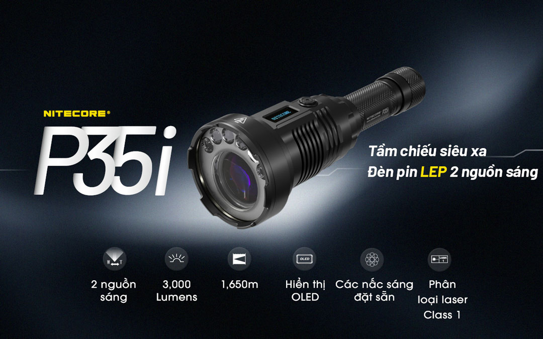 Đèn pin chiếu xa NITECORE P35i sáng 3.000 lumen chiếu xa 1.650m pin 21700 5000mAh màn hiển thị OLED vừa chiếu toả vừa chiếu xa