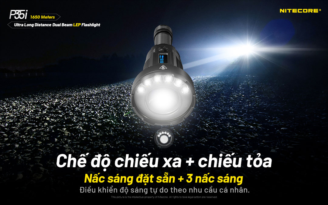 Đèn pin chiếu xa NITECORE P35i sáng 3.000 lumen chiếu xa 1.650m pin 21700 5000mAh màn hiển thị OLED vừa chiếu toả vừa chiếu xa