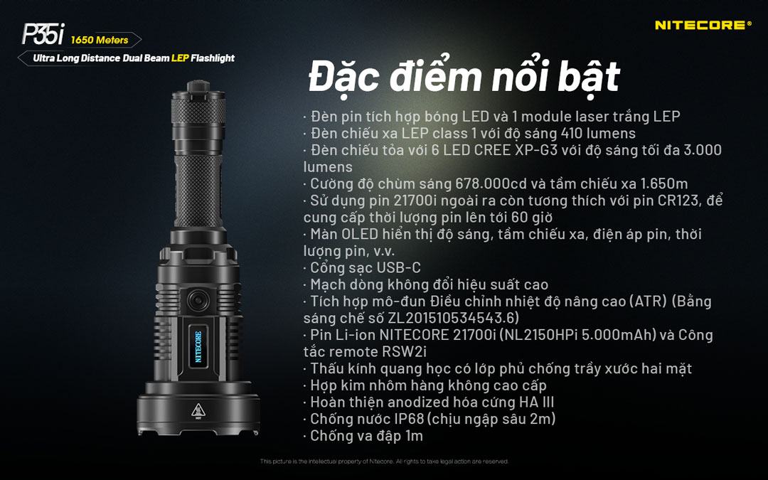 Đèn pin chiếu xa NITECORE P35i sáng 3.000 lumen chiếu xa 1.650m pin 21700 5000mAh màn hiển thị OLED vừa chiếu toả vừa chiếu xa