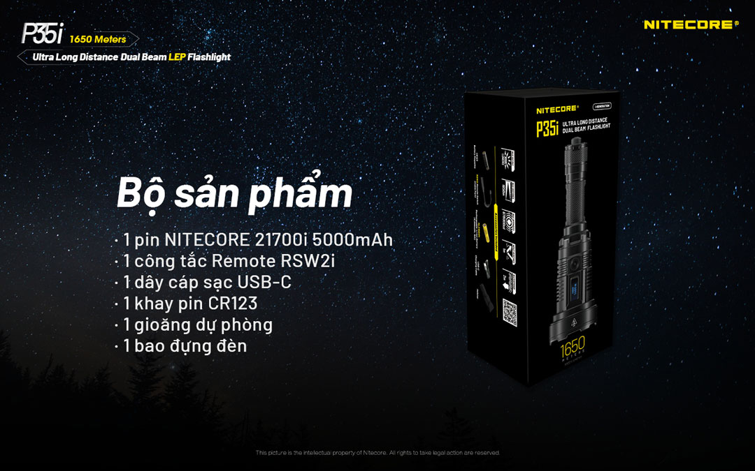 Đèn pin chiếu xa NITECORE P35i sáng 3.000 lumen chiếu xa 1.650m pin 21700 5000mAh màn hiển thị OLED vừa chiếu toả vừa chiếu xa