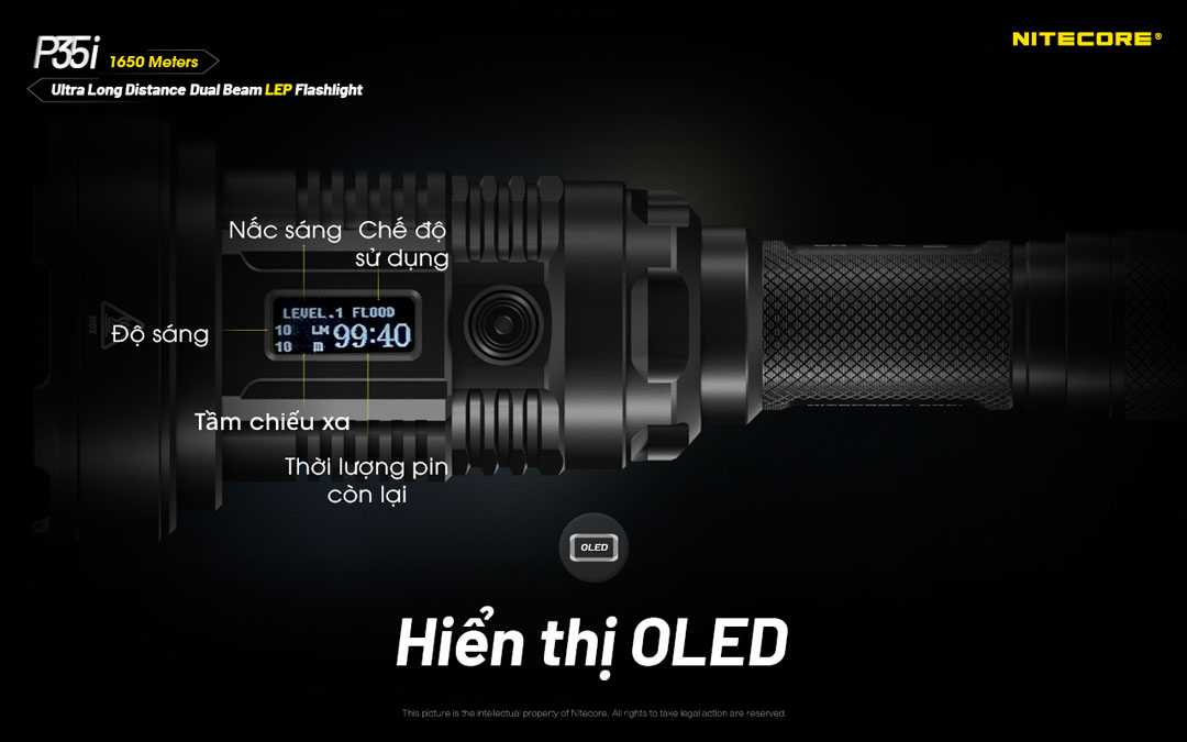 Đèn pin chiếu xa NITECORE P35i sáng 3.000 lumen chiếu xa 1.650m pin 21700 5000mAh màn hiển thị OLED vừa chiếu toả vừa chiếu xa