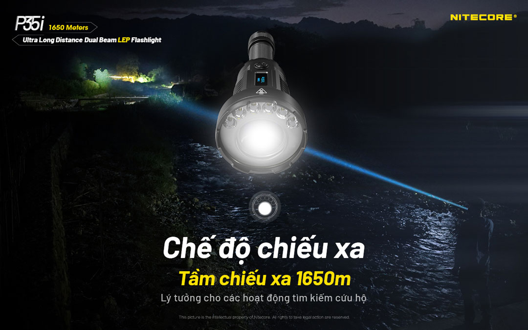 Đèn pin chiếu xa NITECORE P35i sáng 3.000 lumen chiếu xa 1.650m pin 21700 5000mAh màn hiển thị OLED vừa chiếu toả vừa chiếu xa