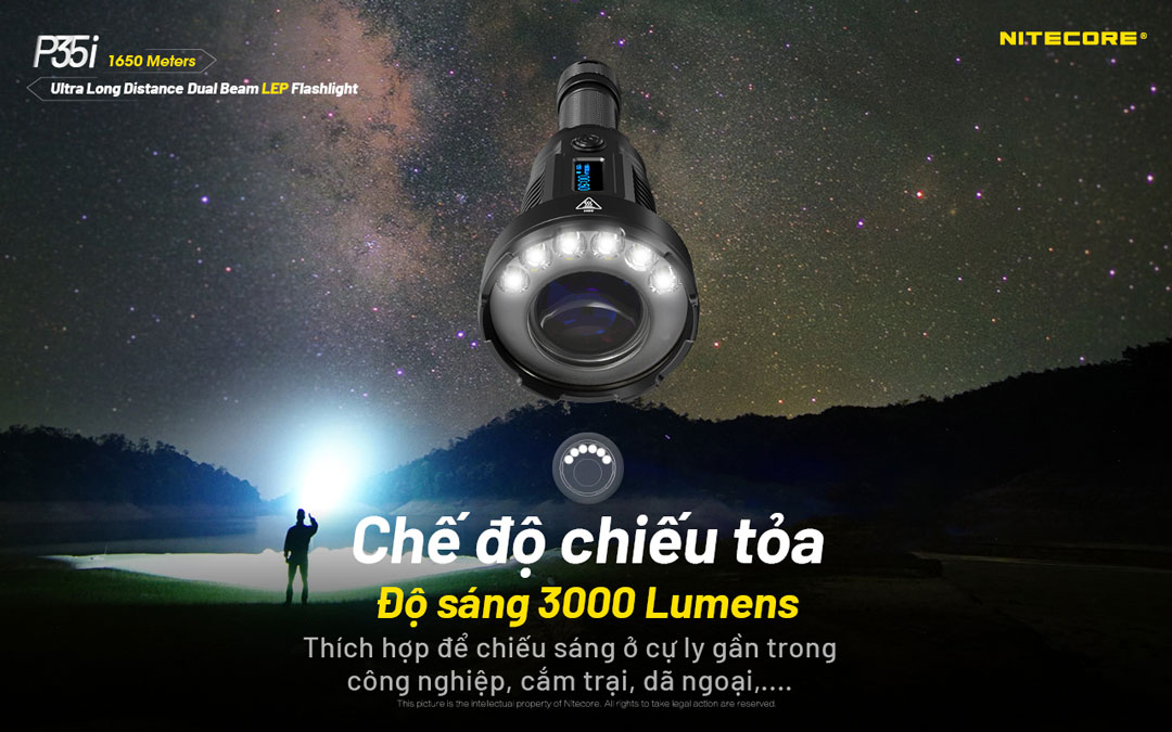 Đèn pin chiếu xa NITECORE P35i sáng 3.000 lumen chiếu xa 1.650m pin 21700 5000mAh màn hiển thị OLED vừa chiếu toả vừa chiếu xa