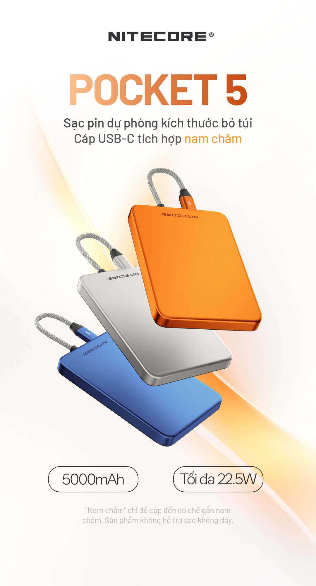Dung lượng 5000mAh Công suất tối đa 22.5W Cáp USB-C tích hợp gắn nam châm tiện lợi