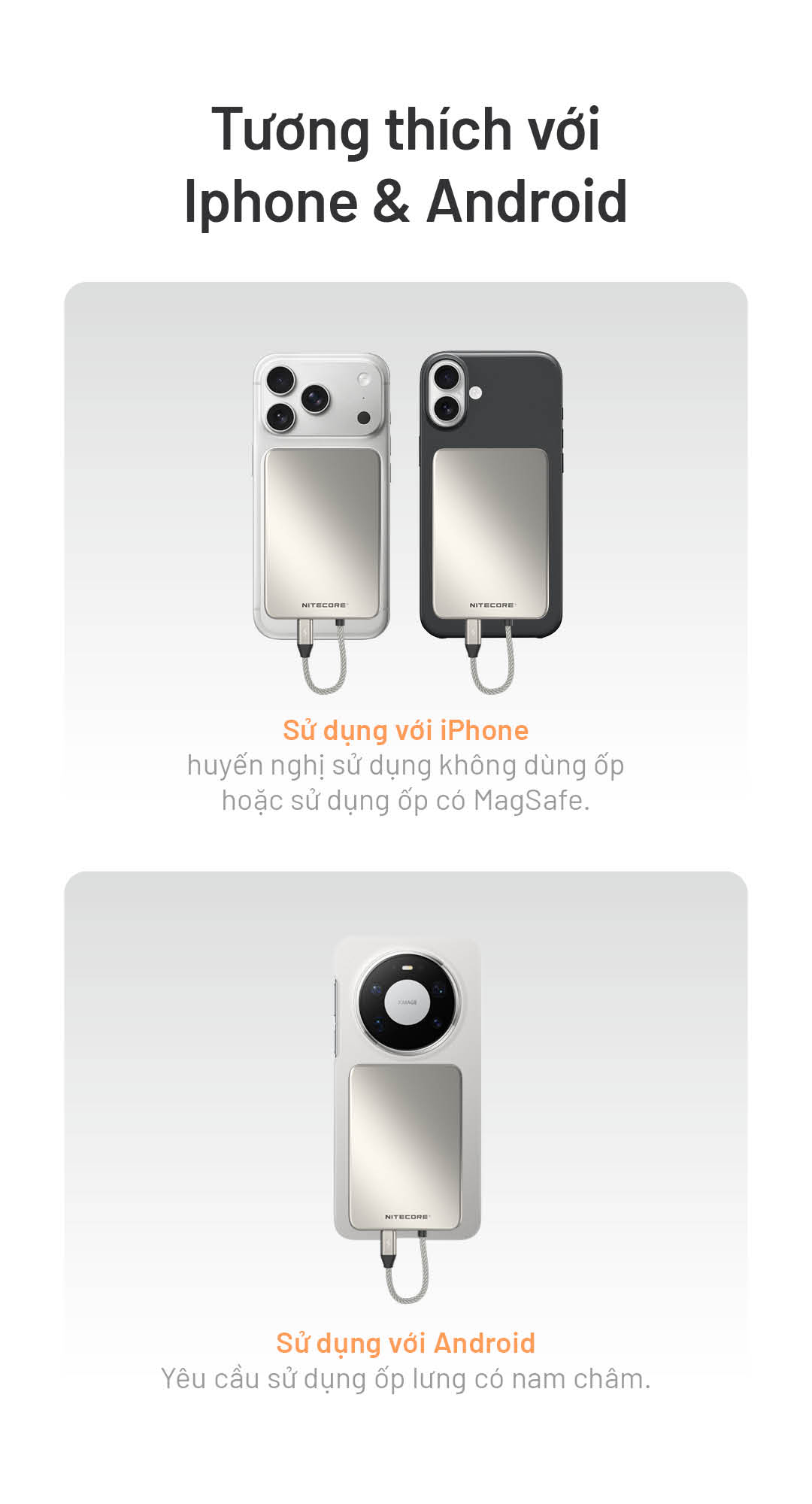 Dùng tốt với iPhone (khuyến nghị không dùng ốp hoặc ốp MagSafe) Android cần ốp có vòng nam châm