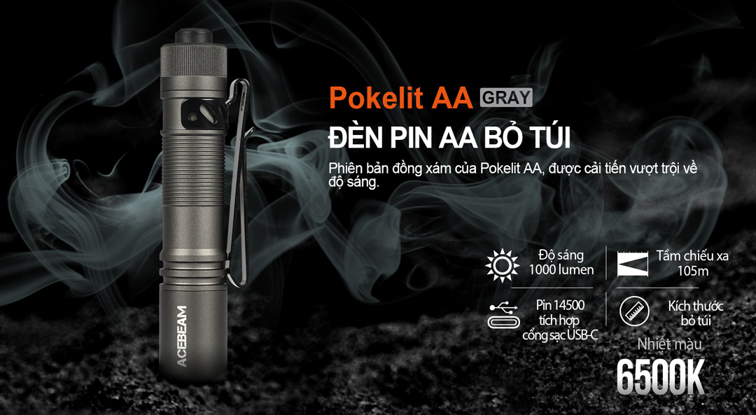 Đèn pin ACEBEAM POKELIT AA độ sáng 1000lm chiếu xa 105m pin 14500 ánh sáng trắng
