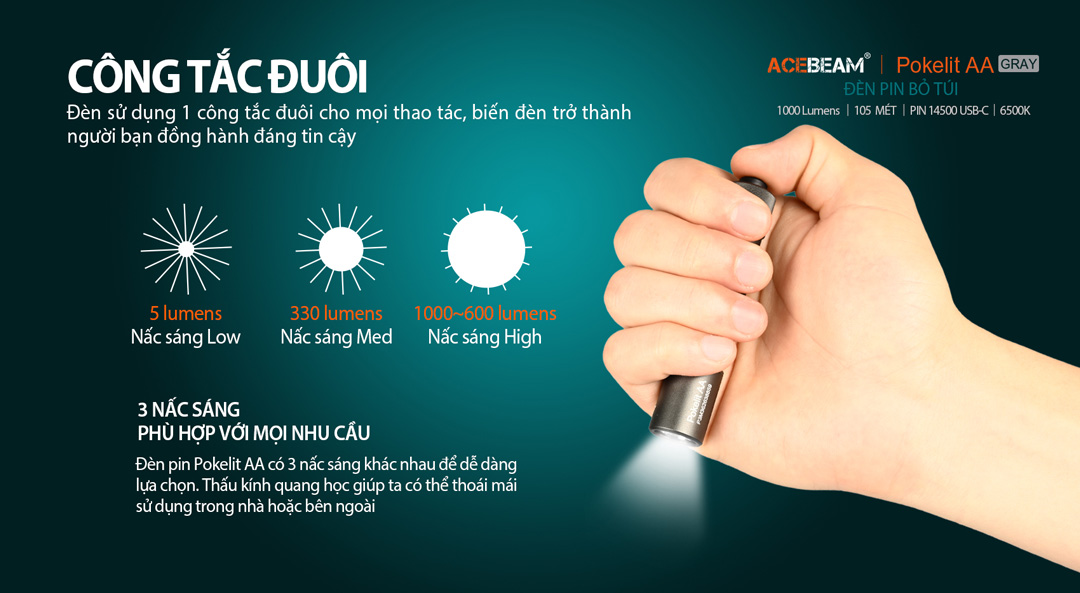 Đèn pin ACEBEAM POKELIT AA độ sáng 1000lm chiếu xa 105m pin 14500 ánh sáng trắng