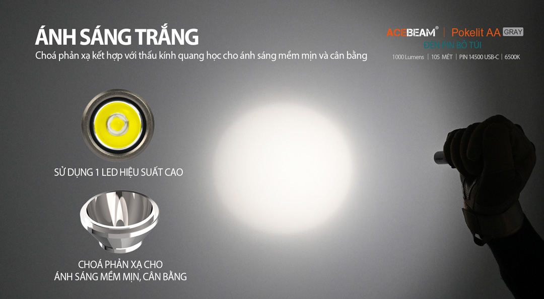 Đèn pin ACEBEAM POKELIT AA độ sáng 550lm chiếu xa 86m pin 14500 độ hoàn màu cao