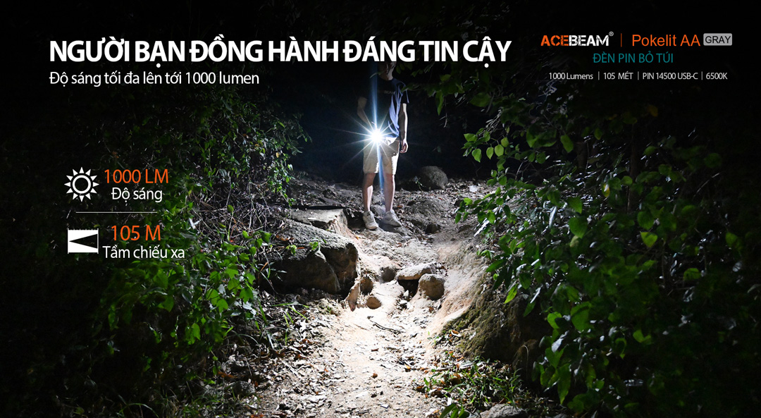 Đèn pin ACEBEAM POKELIT AA độ sáng 1000lm chiếu xa 105m pin 14500 ánh sáng trắng
