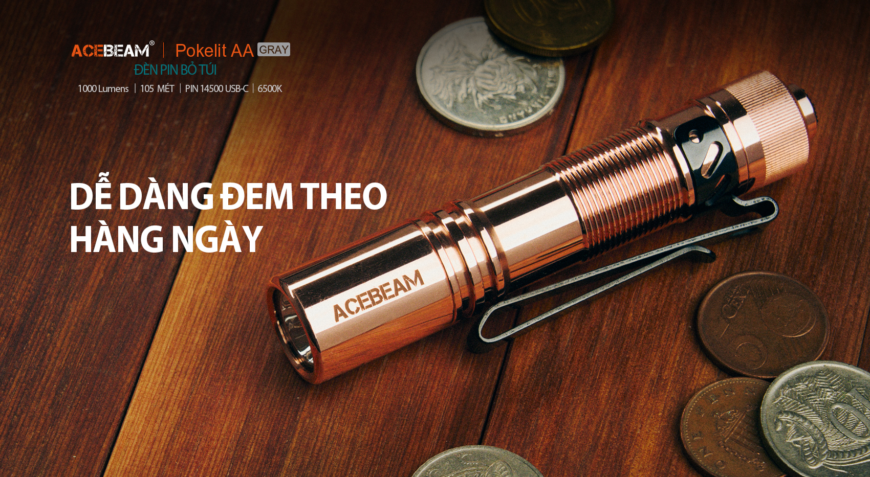 Đèn pin ACEBEAM POKELIT AA độ sáng 1000lm chiếu xa 105m pin 14500 ánh sáng trắng