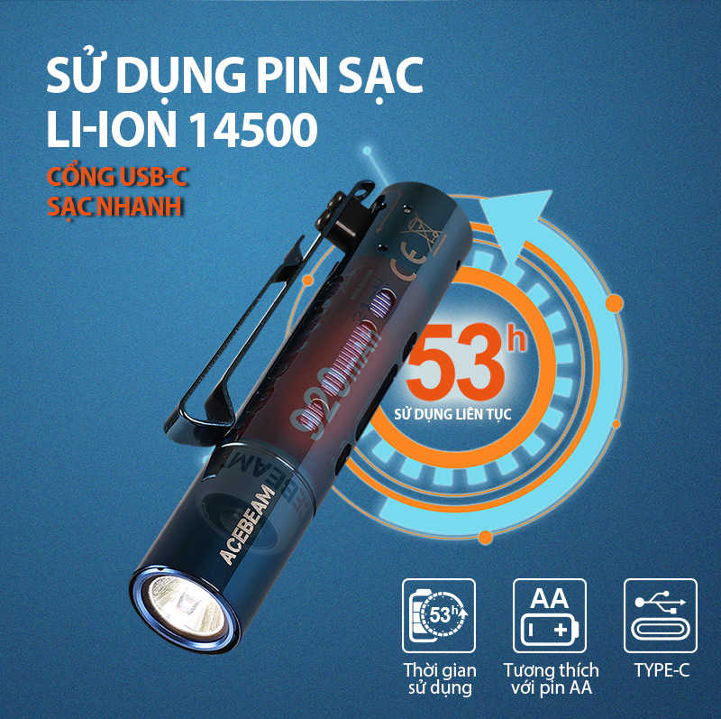 RIDER RX BLUE sử dụng pin sạc li-ion 14500