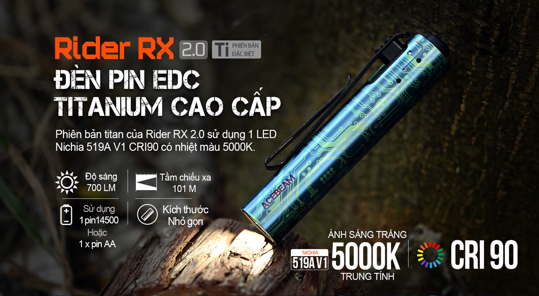 Đèn pin ACEBEAM RIDER RX 2.0 Titanium 700 lumen chiếu xa 101m pin 14500 USB-C fidget toy