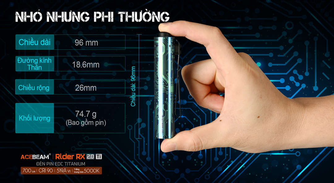 Đèn pin ACEBEAM RIDER RX 2.0 Titanium 700 lumen chiếu xa 101m pin 14500 USB-C fidget toy