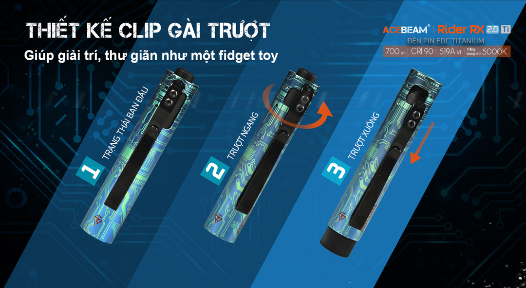 Đèn pin ACEBEAM RIDER RX 2.0 Titanium 700 lumen chiếu xa 101m pin 14500 USB-C fidget toy