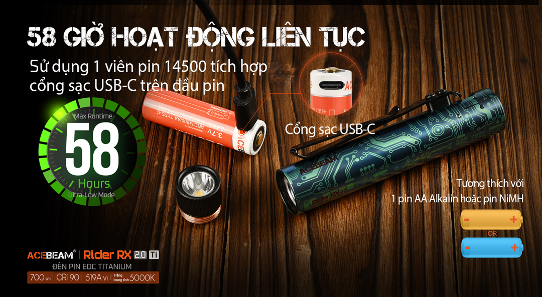 Đèn pin ACEBEAM RIDER RX 2.0 Titanium 700 lumen chiếu xa 101m pin 14500 USB-C fidget toy