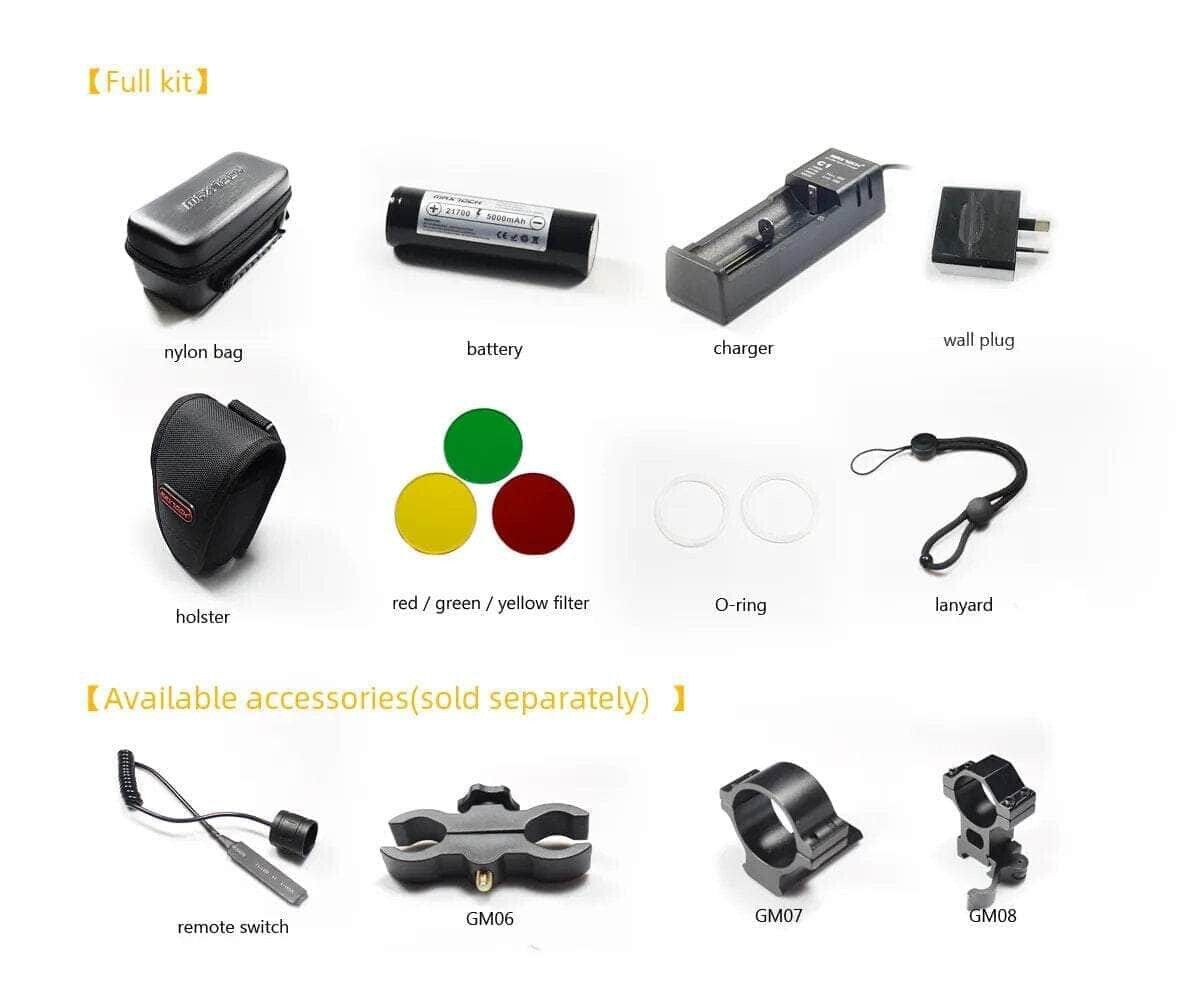 Đèn laser trắng MAXTOCH L2KSD tầm chiếu siêu xa 3200m độ sáng 650 lumen sử dụng 1 pin Li-ion 21700 5000 mAh kèm theo