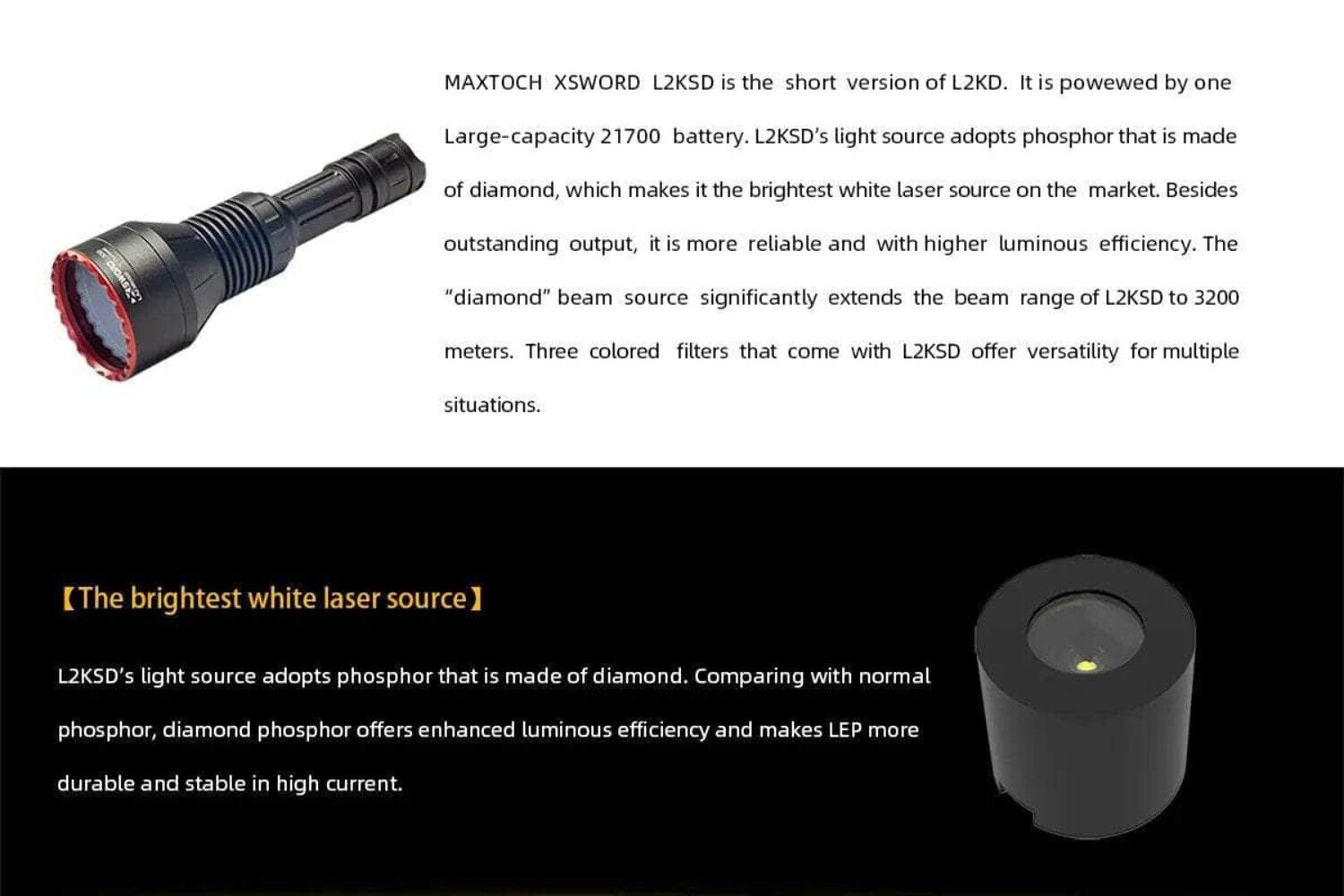 Đèn laser trắng MAXTOCH L2KSD tầm chiếu siêu xa 3200m độ sáng 650 lumen sử dụng 1 pin Li-ion 21700 5000 mAh kèm theo