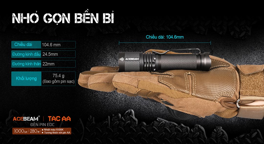 Đèn pin mini ACEBEAM TAC AA sáng 1000lm tầm chiếu xa 280m pin sạc 14500 920mAh
