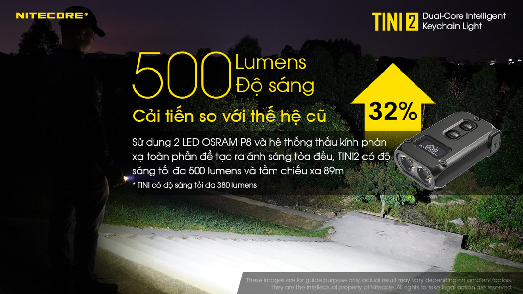 Đèn pin móc khóa NITECORE TINI2 độ sáng 500 lumens tầm chiếu xa 89m pin dung lượng 280mAh USB-C hiển thị OLED