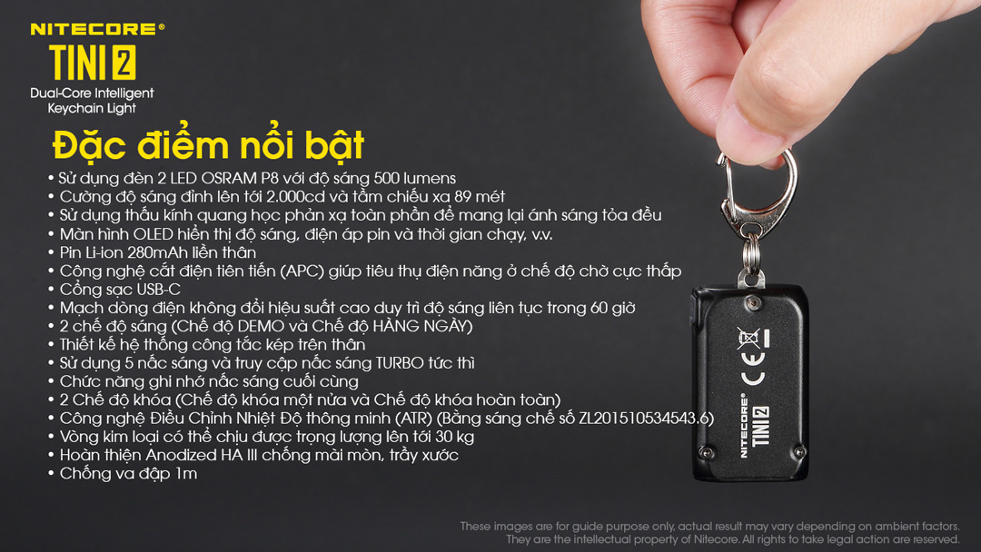 Đèn pin móc khóa NITECORE TINI2 độ sáng 500 lumens tầm chiếu xa 89m pin dung lượng 280mAh USB-C hiển thị OLED
