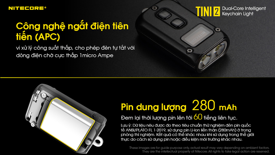 Đèn pin móc khóa NITECORE TINI2 độ sáng 500 lumens tầm chiếu xa 89m pin dung lượng 280mAh USB-C hiển thị OLED