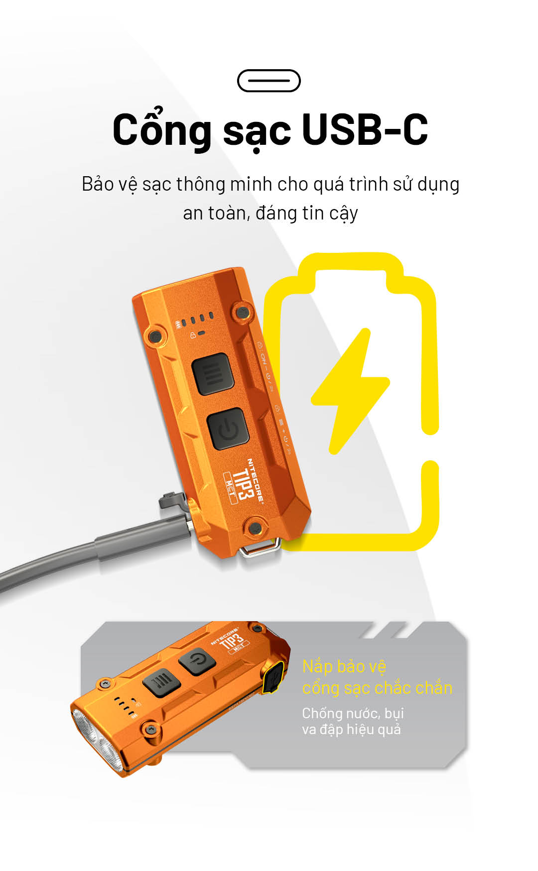 Tích hợp mạch sạc Li-ion thông minh qua cổng USB-C. Hỗ trợ sạc an toàn, ổn định. Nắp cao su bảo vệ chống nước, bụi và va đập hiệu quả.