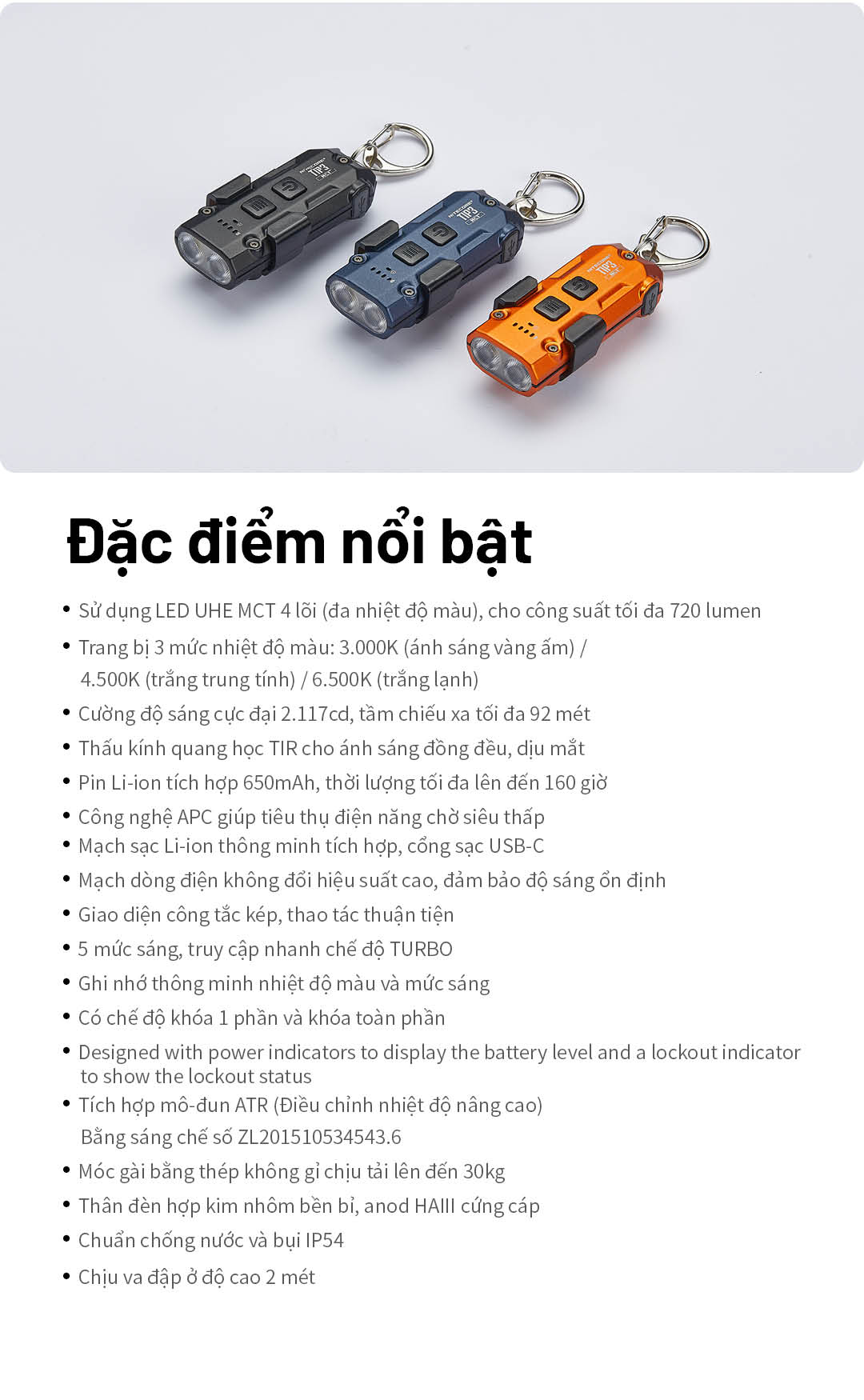 LED UHE MCT 4 lõi, 3 nhiệt màu 3000K / 4500K / 6500K. Thấu kính TIR ánh sáng đồng đều. Mạch dòng không đổi ổn định. Tích hợp ATR điều chỉnh nhiệt độ thông minh.