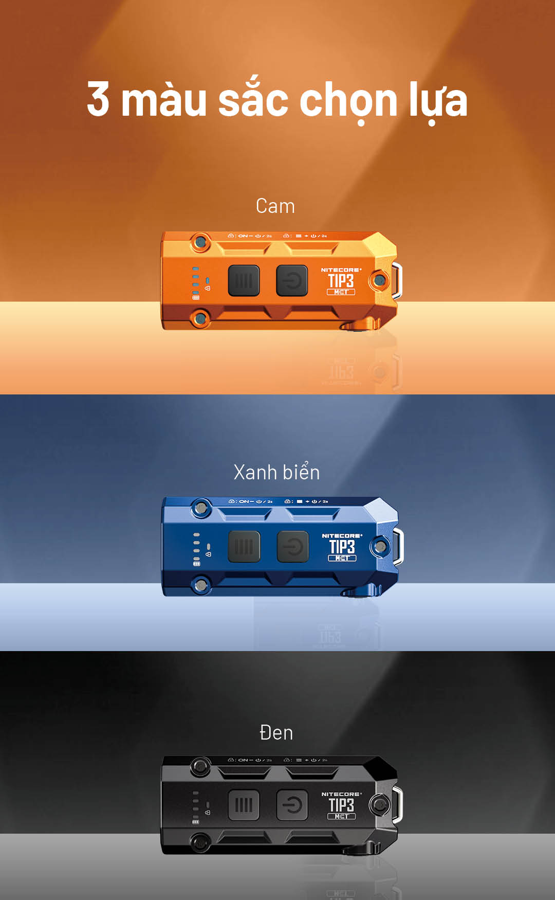 Cam – Xanh biển – Đen. Thiết kế nhôm anod bền bỉ, hiện đại.