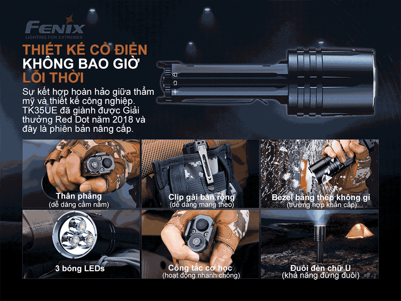 Đèn pin FENIX TK35UE V2.0 sáng 5000 lumen chiếu xa 400m kèm 02 pin sạc Fenix 3400mAh và sạc đôi Vapcell Q2