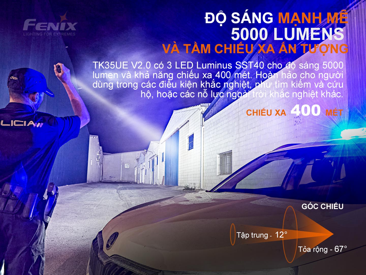 Đèn pin FENIX TK35UE V2.0 sáng 5000 lumen chiếu xa 400m kèm 02 pin sạc Fenix 3400mAh và sạc đôi Vapcell Q2