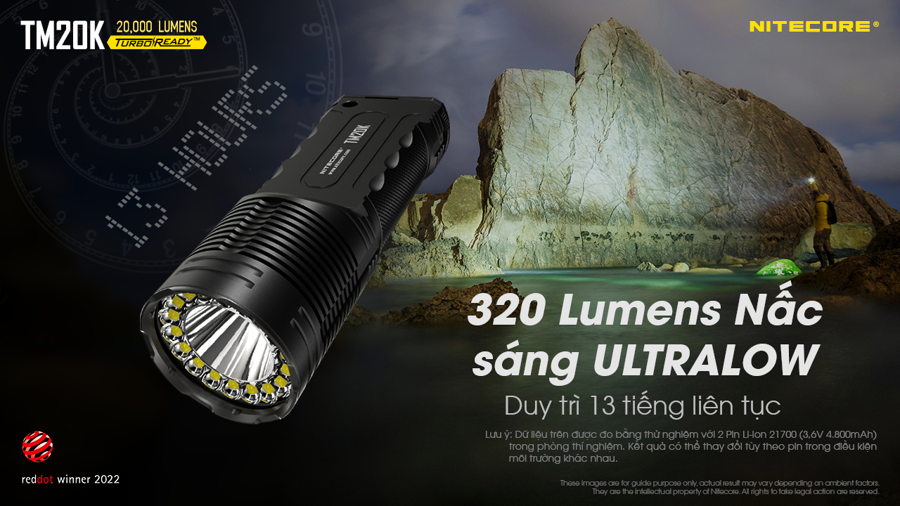 Đèn pin tác chiến NITECORE TM20K sáng 20.000 lumens chiếu xa 290m pin 9.600mAh công tắc phản ứng nhanh
