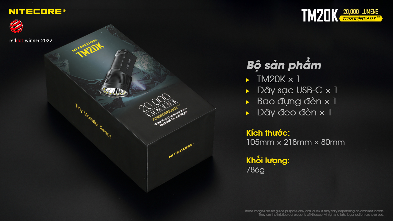 Đèn pin tác chiến NITECORE TM20K sáng 20.000 lumens chiếu xa 290m pin 9.600mAh công tắc phản ứng nhanh