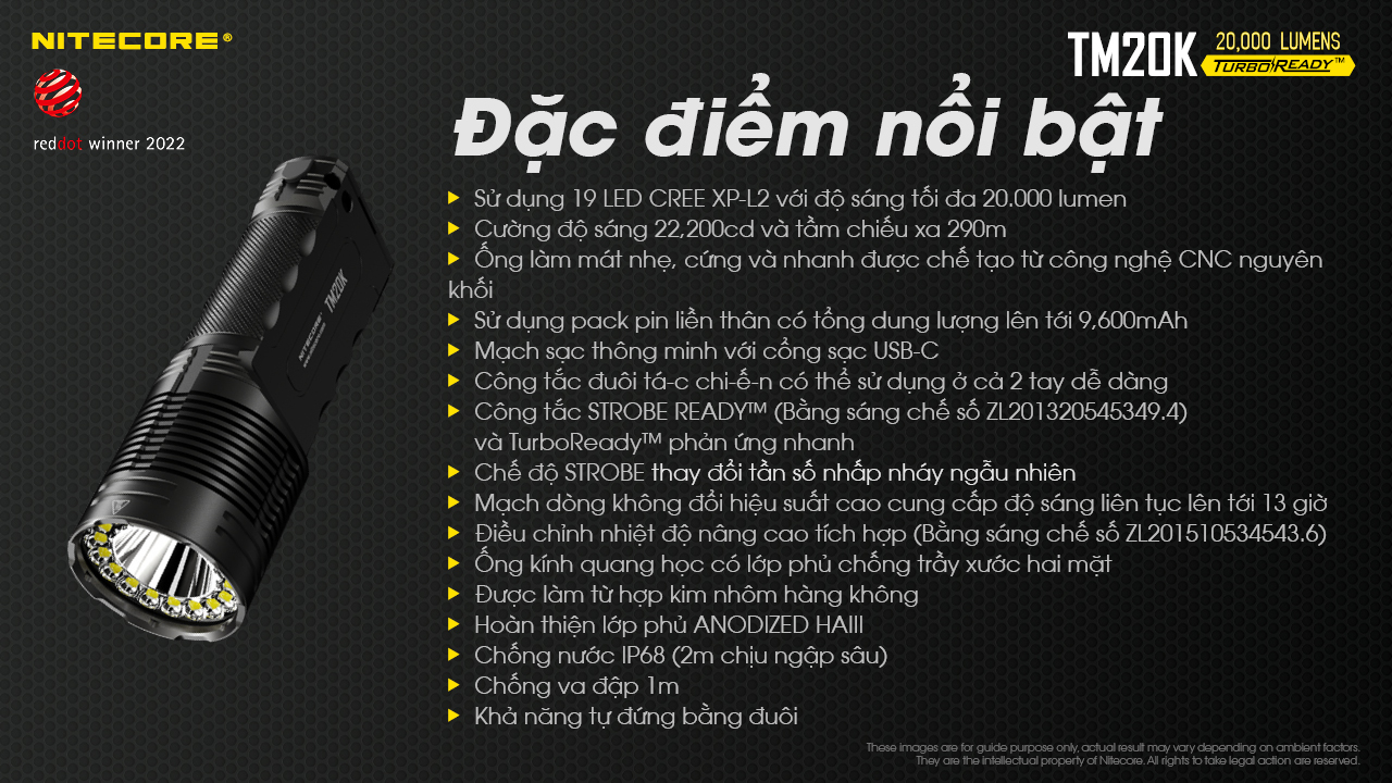 Đèn pin tác chiến NITECORE TM20K sáng 20.000 lumens chiếu xa 290m pin 9.600mAh công tắc phản ứng nhanh