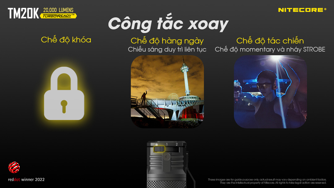 Đèn pin tác chiến NITECORE TM20K sáng 20.000 lumens chiếu xa 290m pin 9.600mAh công tắc phản ứng nhanh
