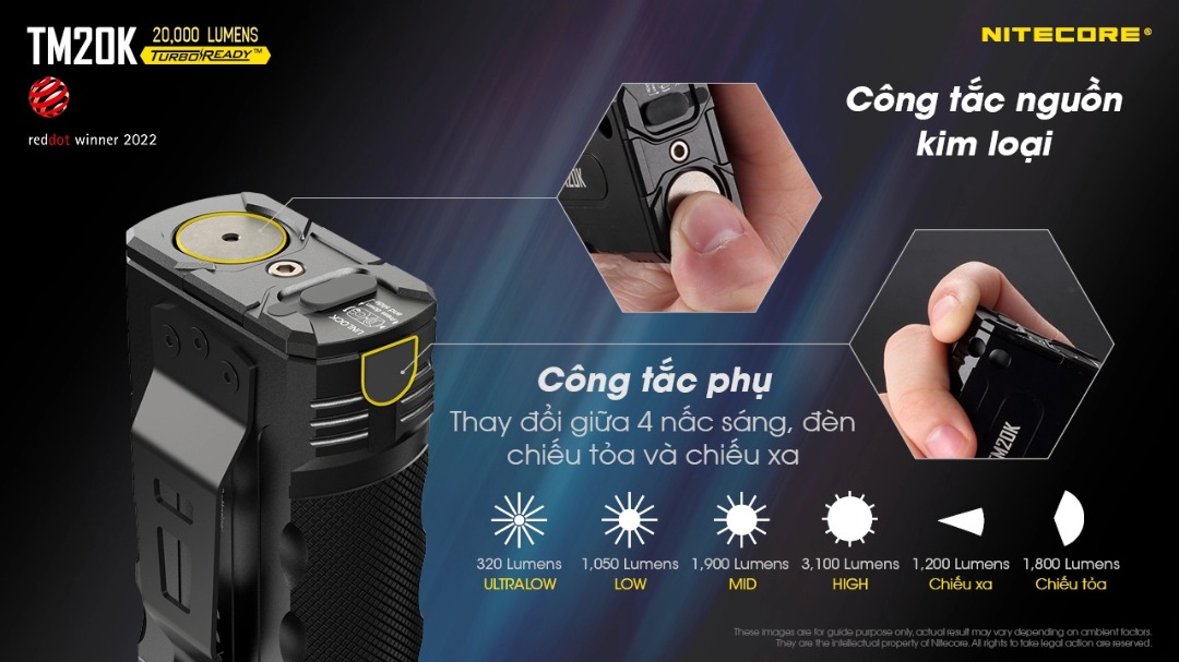 Đèn pin tác chiến NITECORE TM20K sáng 20.000 lumens chiếu xa 290m pin 9.600mAh công tắc phản ứng nhanh