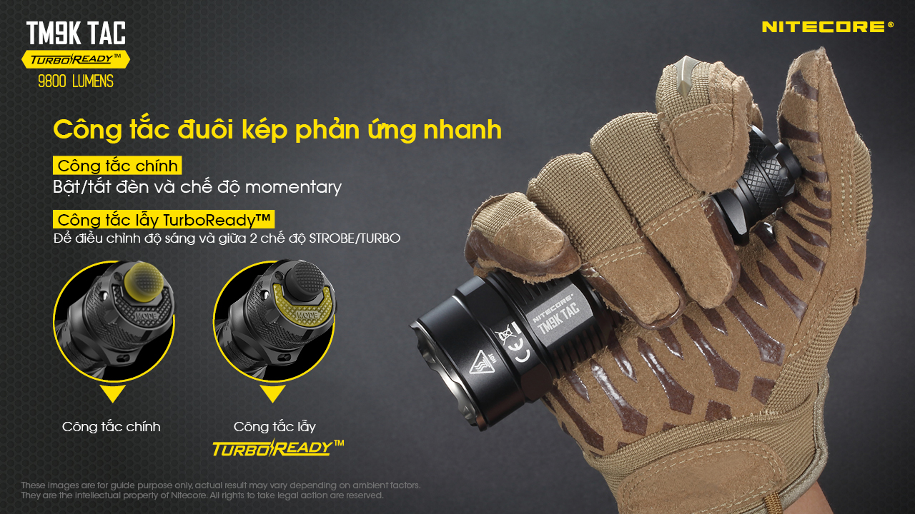 Đèn pin tác chiến NITECORE TM9K TAC sáng 9800lm chiếu xa 280m pin 5.000mAh công tắc kép phản ứng nhanh