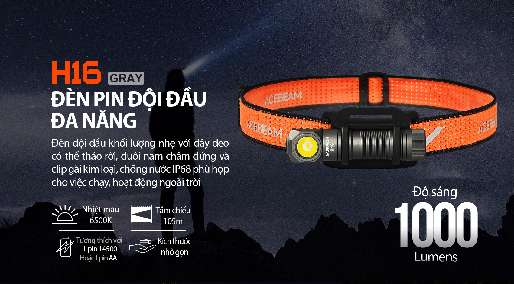 Đèn pin đội đầu ACEBEAM H16 độ sáng 1000lm / 650 lm pin 14500 920mAh