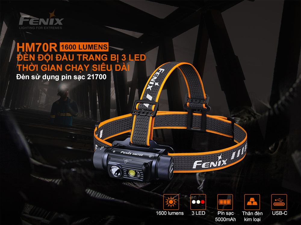 Đèn pin đội đầu FENIX HM70R độ sáng 1600 lumen chiếu xa 186m pin 21700 5000mAH sạc USB C