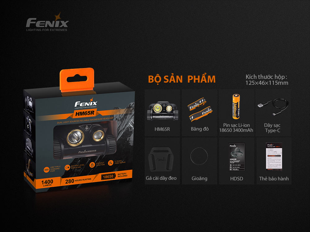 Đèn pin đội đầu FENIX HM65R độ sáng 1400 lumen chiếu xa 163m sạc USB C