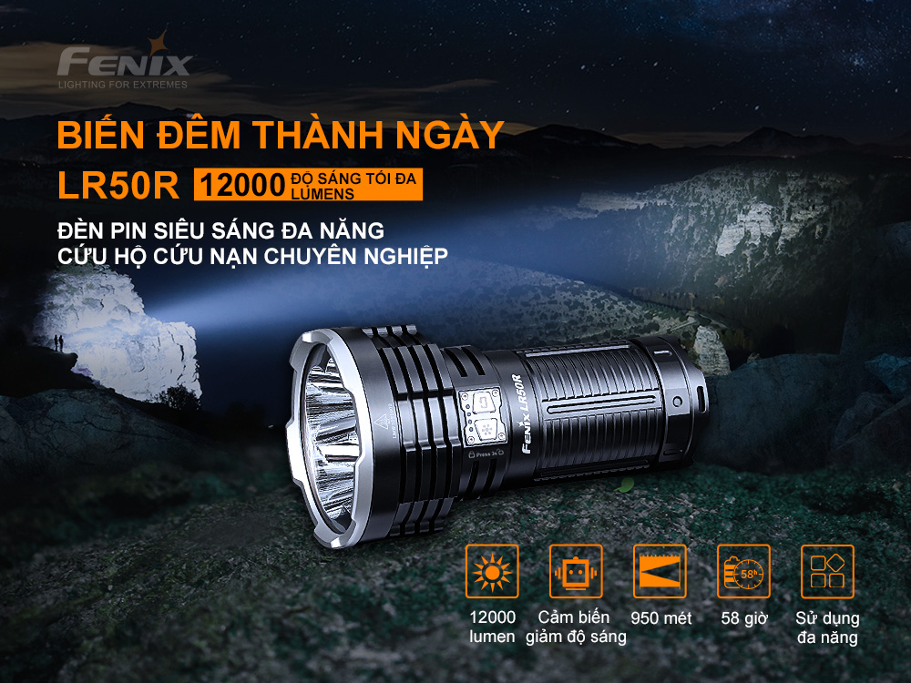 Đèn pin chiếu xa FENIX LR50R độ sáng 12000 lumen chiếu xa 950m