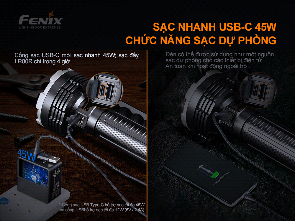 Đèn pin FENIX LR80R độ sáng 18.000 lumen chiếu xa 1130m pin tích hợp 7.2V 12.000mAh sạc USB C kiêm Power Bank
