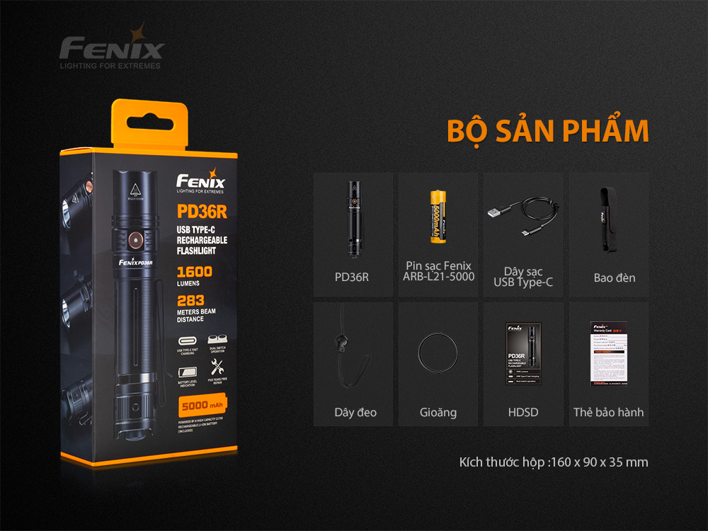 Đèn pin FENIX PD36R độ sáng 1600lm chiếu xa 283m sạc USB C pin 21700 5000mAh kèm theo